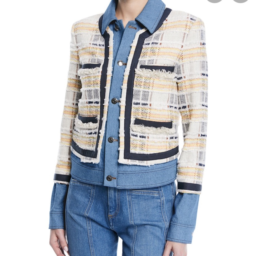 Veronica Beard Cream, Yellow & Navy Tweed Fringe Trim Jacket